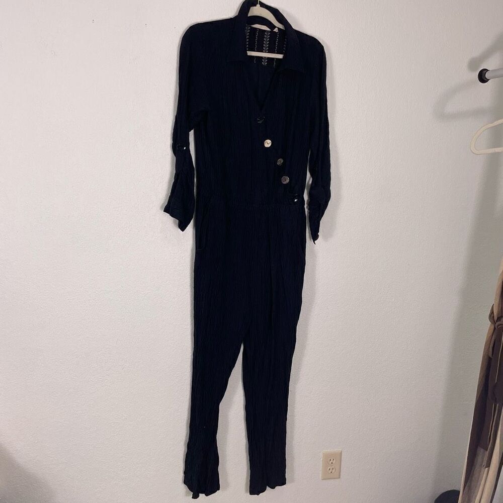 Soft Surroundings Black V Neck Collared Asymmetrical Button Long Sleeve Jumpsuit